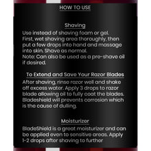 Load image into Gallery viewer, BladeShield All-natural Shave Oil Instructions for Use
