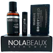Load image into Gallery viewer, The perfect gift set.  BladeShield All Natural Shave Oil, LipShield Lip Balm, and BodyShield Scrub Soap
