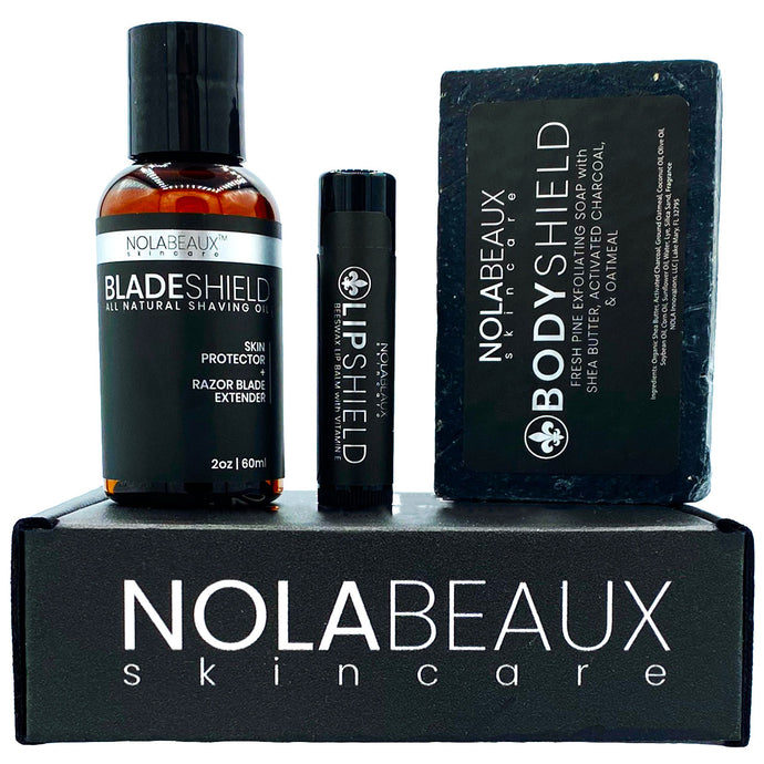 The perfect gift set.  BladeShield All Natural Shave Oil, LipShield Lip Balm, and BodyShield Scrub Soap