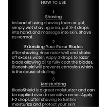 Load image into Gallery viewer, BladeShield All Natural Shaving Oil Instructions for Use
